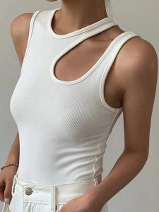 Casual White Cut T Shirt Women Round Neck Sleeveless Korean Slim T Shirts Women Clothing 2023 Summer