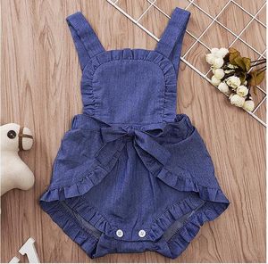 Girl Square Collar Sleeveless Romper Baby Summer Jean Deep Blue Jumpsuit Infant Solid Color Clothes One Piece ZHT 2658604893