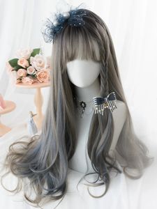 26 inch silver gray highlight gray blue with Bang synthetic wig long natural straight hair wig suitable for female role-playing heat-resistant 240523