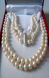 Echte 2Rows 89 mm natürliche weiße Akya Kultivierte Perle Handknottekette Kette1594132