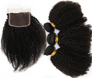 7a Human Hair Weave Brasilian Afro Kinky Curly med stängning Mellan tre delen spetsstängning med buntar 3823337