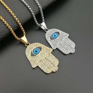 Turkish Evil Eye Hamsa Hand of Fatima Pendant Necklace 14K Gold Iced Out Chain Hip Hop Women/Men smycken