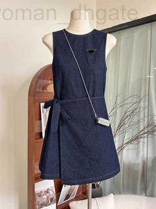 Basic & Casual Dresses designer 2024 Summer New Style Dark Blue Sleeveless Round Neck Women's Waist Tie up Short Skirt Trendy Tank Top 5L57