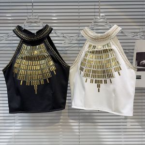 Women halter neck sleeveless gold rivest sequined sexy short up-navel vest crop top tanks camis SMLXL