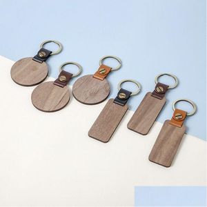 Keychains & Lanyards Blank Leather And Wood Keychain Rectange Round Wooden Key Ring For Personalized Engraving Carving Lage Decoratio Dhyco