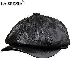 La Spezia Black Newsboy Hats for Men orygine Cowskin skórzana czapka ośmioboczna czapka męska jesienna zima dopasowana vintage hats beret 240601