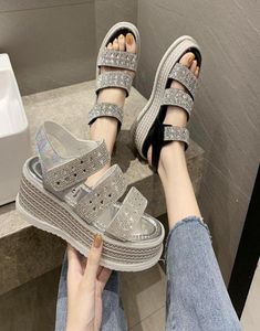 Sandals 2021 Women Rhinestones Wedges Shoes Platform Summer Crystal High Heels Bling Wedding Party Silver3172976