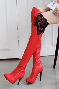 Wielki rozmiar 33 do 47 Czerwony czarny obcas na kolanach wysoki buty białe hafty koronkowe buty ślubne buty ślubne 2529168