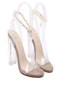 Summer fashion beading chain crystal shoes clear transparent thick heel sandals party events size 35 to 404025173