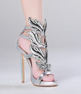 Lyxiga kvinnor mocka grymma sommarpumpar polerade gyllene metallbladvingade sandaler höga klackar skor med original 3928853