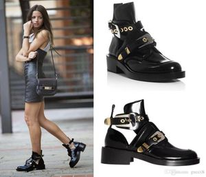 2017 Black Women Shoes Genuine Leather Ankle Motorcycle Boots Riding Bootie Flats Cutout Square Heel Buckle Boot8764341