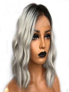 Brasiliansk hår ombre grå 13x4 spets fram peruker mänskligt hår remy ombre bob peruk för kvinnor före plockad glulös kort bob wigs1753267