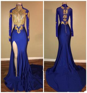 2020 NOWOŚĆ Sexy High Uda Split Black Girls Evening Gowns Arabskie złote aplikacje Wysokie kołnierze sukienki Mermaid Vintage Long Sleev3155061