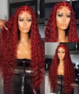 13x4 cor vermelha 180 perucas de cabelo humano encaracolado para mulheres 99J Borgonha transparente Wave Deep Wave Lace Frontal Wig Synthetic2170230