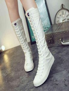 أحذية الخريف الخريف أحذية غير رسمية قماشية عالية أعلى Laceup Zipper Comfort Flat White Sneakers Kneehigh Boot 12038395950