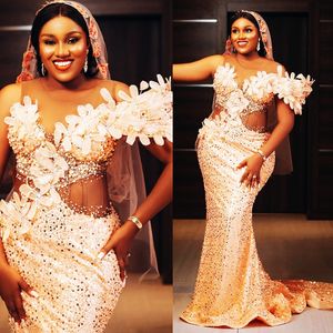 2024 Plus Size Aso Ebi Prom Dresses for Special Occasions Mermaid Promdress Sheer Neck Beaded Pearls Sequined Lace Birthday Dress Second Reception Gowns Gala AM1065