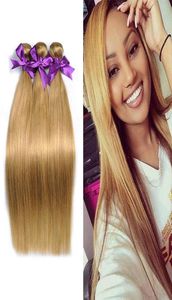 Brasiliansk jungfru hårväv buntar färg 27 honung blond peruansk malaysisk silkeslen rak mänskliga hårförlängningar1754960