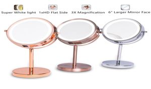 6quot 1x3x förstoring dubbelsidig spegel med stativ 18 LED -upplyst bordsskiva kosmetisk spegelbatteri drivs rosegold B7102320