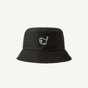 ワッキーリトルブラックキャット面白い漁師帽子カジュアルファッションバケツハットマン女性綿漁師猫240601