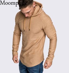 Moomphya Ragan Sleeve Hooded Men TシャツプリーツスリーブTシャツMENロングラインカーブドヘムヒップホップスリムTシャツストリートウェアトップス1666252