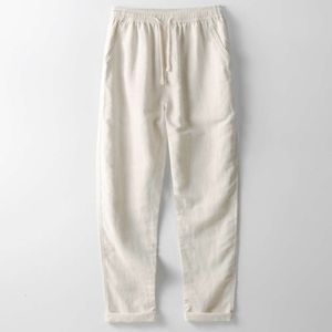 Linen casual pants for men loose straight tube long enlarged fat cotton and linen pants elastic waist oversized men's summer