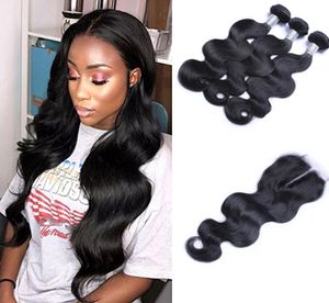 Brasiliansk kroppsvåg Virgin hårväv med 4x4 spetsstängning obearbetad Remy Human Hair Weaves Double Weft Natural Black Color 4P1771806