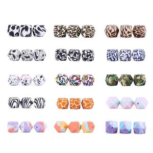 Andra 14mm hexagonsile pärlor matklass terrazzo leopard tryck tandbygd baby tuggbar teether diy napp kedja halsband chewelry d dhkpf