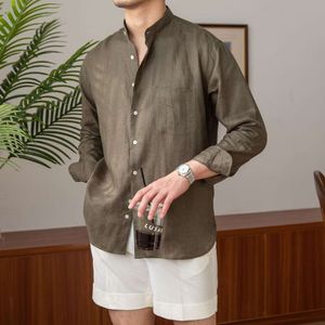 Commuting light cooked casual breathable pure linen long sleeved versatile vacation stand up shirt for men Henry collar top