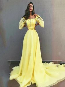 Элегантный желтый с плечевых выпускных платьев Длинные 34 длинные рукава аппликации бисера вечернее платье рубашка De Soiree Long Train Party F2878686