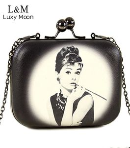 Vintage Women Evening Clutch Bags Flowers Audrey Hepburn Cartoon Printing Hand Bag Mini Leather Clip Brand Party Parse XA267H4969493