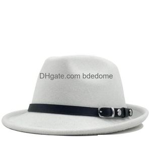 Chapéus largos da borda Mens Inverno Autumn White feminino Felt Fedora Hat para Gentleman Wool Bowler Homburg Jazz Tamanho 56-58cm Drop Dat entre Dhpyg