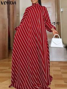 بالإضافة إلى الحجم 5xl Vonda الأنيق مخطط Maxi فستان نساء عالية الرقبة الأنيقة sundress طويلة طويلة الأكمام طباعة فتيرز 240522