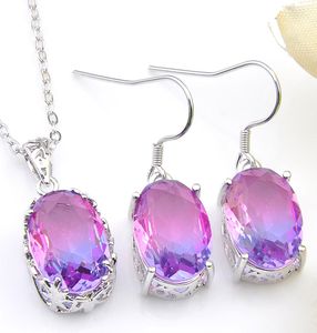 Luckyshine Pendants Earrings Sets 925 Sterling Silver Plated Necklace Oval Bi colored Tourmaline For Women Jewelry Sets Anniversar2742115
