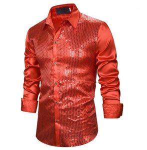 Men039s Sıradan Gömlek Kırmızı Pullu Gömlek Erkek Sahne Şarkıcı Prom 2021 Marka İnce Fit Uzun Kollu Erkek Elbise Gece Kulübü Glitter Chemi7645995