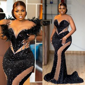 2024 Plus Size Aso Ebi Prom Dresses for Black Women With Detachable Wrap Illusion Sheer Neck Short Sleeves Sequined Velvet Lace Birthday Gowns Reception Dress AM1047