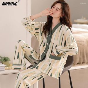 Kvinnors sömnkläder bomulls höst vår kimono v-ringning kvinnor pyjamas set långa ärmar kvinna casual lapel hemsuits ins blommor pijama ncrd
