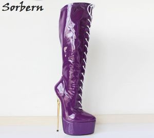 Sorbern Purple 22cm Ultra High Heel Boots Gold Metal Heels Pu Leatele Laceup Knee High Platfor
