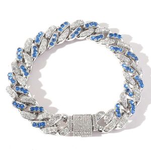 Luxury designer Cuban Link Chain Bracelet Hiphop Bracelet 12Mm Micro Inlaid Sea Blue White Zircon Cuban Chain Hiphop Trendy Accessories