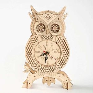 3D Puzzles Wood Owl Desktop Clock Mechanical Model DIY Assembly Kit 3D Puzzle Toy for Home Decoration Barn och vuxna gåvor G240529