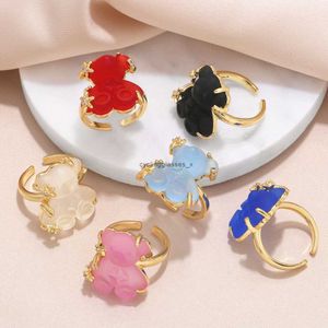 2024 Instagram Style Colorful Bear Open Ring Womens Versatile High end Gold Plated Jewelry ris64