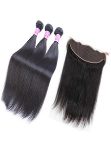 Brasiliansk peruansk jungfru hår rak spets front med 3bunds indiska malaysiska mongoliskt hår 100 människa hårväv extensio8571599