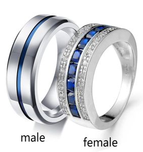Sz612 TWO RINGS Couple Ring His Hers Stainless Steel Men039s Ring Sapphire 18k Platinum Plated Women039s Wedding Ring5728985
