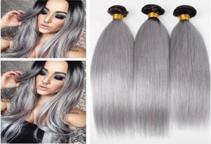 1BGrey Dark Root Ombre Peruvian Human Hair Weave Bundles Straight Black and Silver Grey Ombre Human Hair Weft Extensions 3Pcs Lo6139280