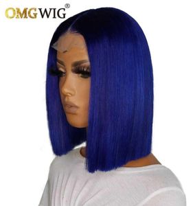 اللون الأزرق القصيرة بوب شعر مستعار بشعر بشري HD الدانتيل الأمامي للنساء مسبقًا للبرازيلي REMY HAIR
