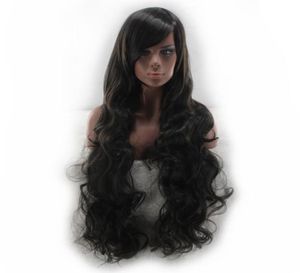 Woodfestival Oblique Bangs Long Black Wig Curly Synthetic Hair Wig For Women Heat Resistant Fiber Wigs kan färgas 80CM7852324