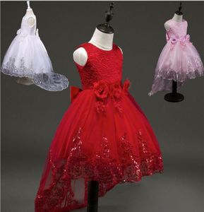 2017Fashion Flower Girl Bridesmaid Dress Children Red Mesh Trailing Butterfly Girls Wedding Dress Kids Ball Gown Embroidered Bow P3764983