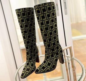 Cut FF Kneehigh Jacquard Boots Fashion Knee Boot Chunky Heel Almond Toes 9cm High Heeled Boasties Tall Boot Luxury Designer för WO3916568