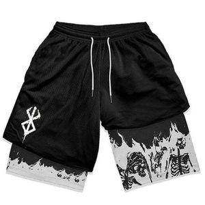 2024 Anime Berserk 2 in 1 Gym Shorts for Men Active Athletic Compression 5 Inch Quick Dry Stretchy Training Fitness 240520