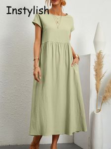 Kvinnor elegant solid maxi klänning sommar kort ärm o nack vintage harajuku bomullslinne lösa sundress y2k fickor lång 240523