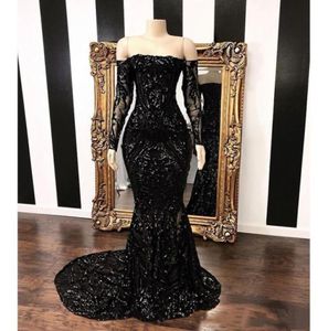 Vintage Black Mermaid Prom Dresses With Long Sleeve Off Shoulder Turkey Vestidos Sparkly Sequins Formal Evening Gowns Glitter Part9404732